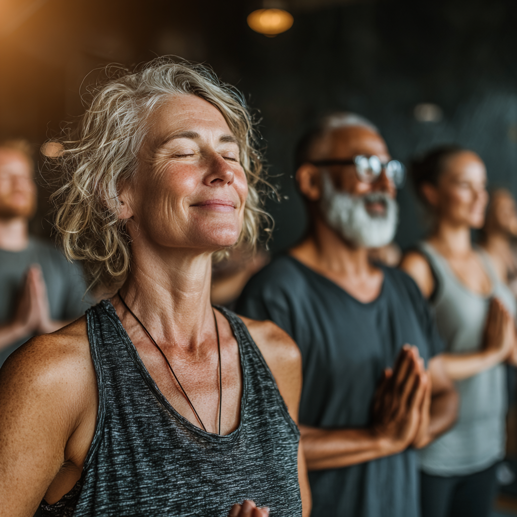 Group of diverse people aged 40-55 practicing yoga together in a peaceful studio setting
