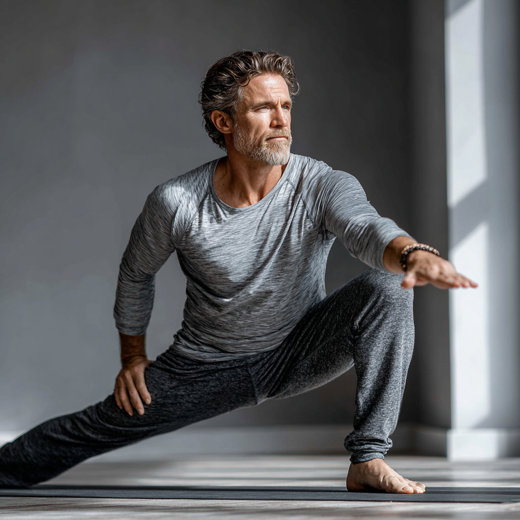 Mature man in his 40s practicing yoga pose in bright studio showing strength and flexibility