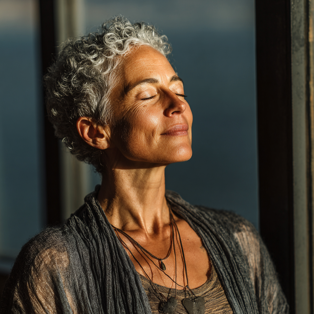 Peaceful woman in her 50s practicing meditation in a serene yoga studio with natural lighting